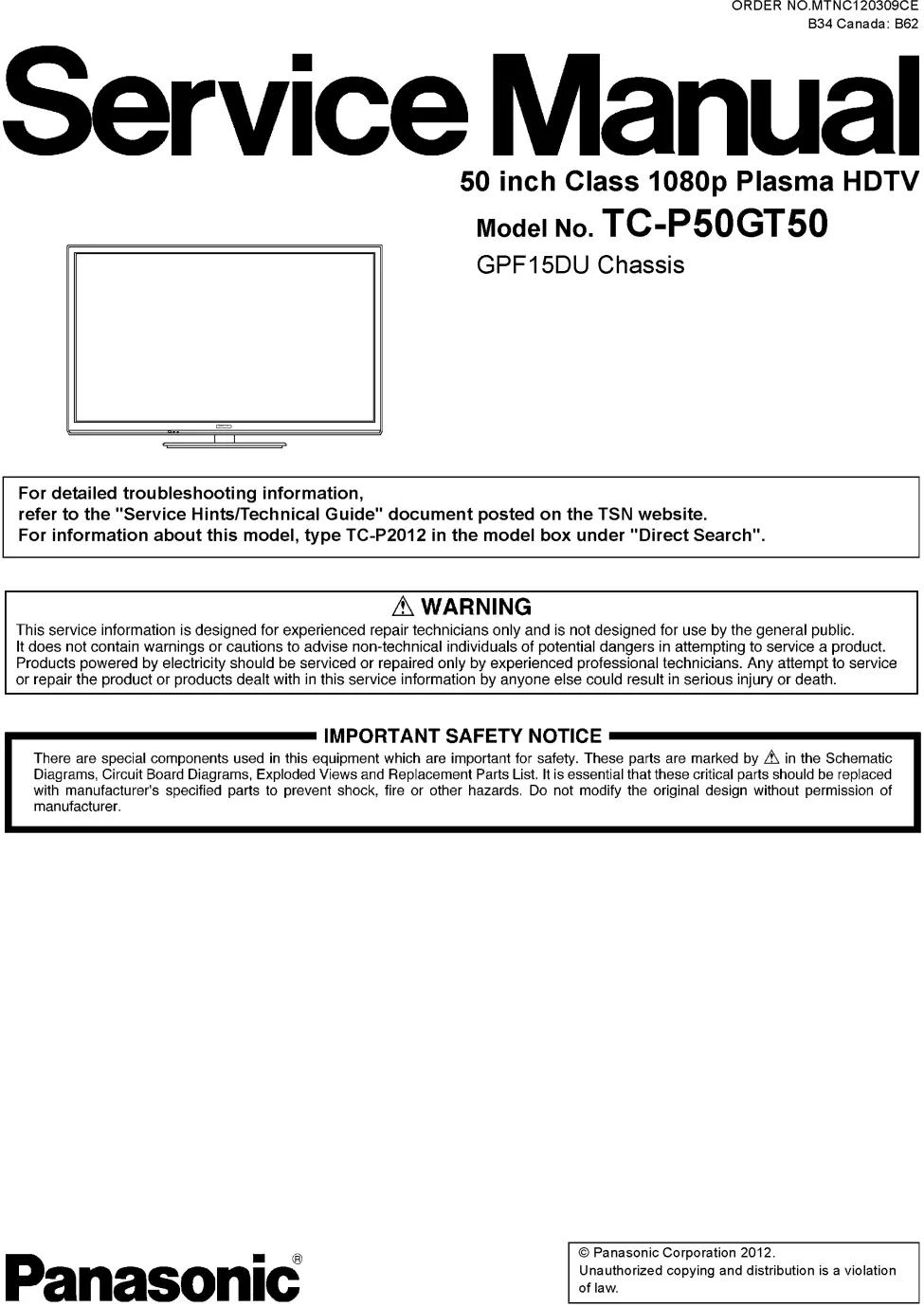 Panasonic tc p50gt50 service manual cover with photo of the television, TV type, chassis code, model code, creation date and document number