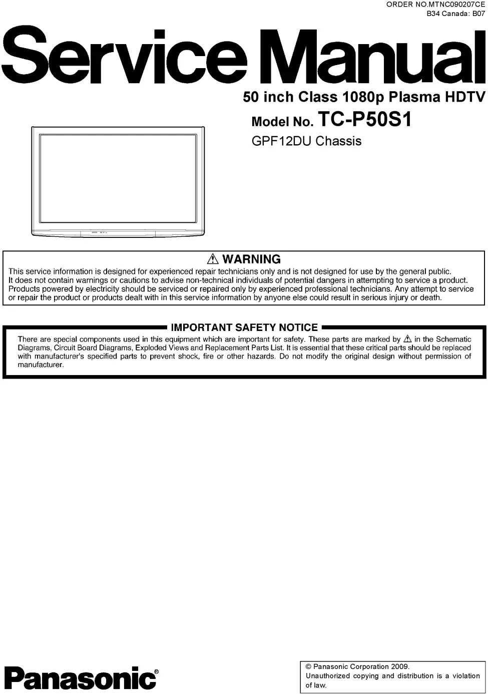 Panasonic tc p50s1 service manual cover with photo of the television, TV type, chassis code, model code, creation date and document number