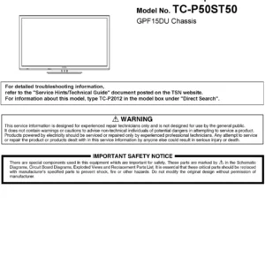 Panasonic tc p50st50 service manual cover with photo of the television, TV type, chassis code, model code, creation date and document number