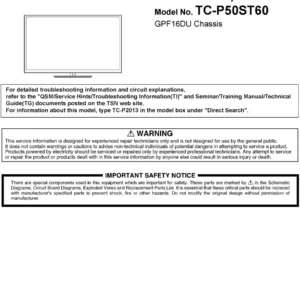 Panasonic tc p50st60 service manual cover with photo of the television, TV type, chassis code, model code, creation date and document number