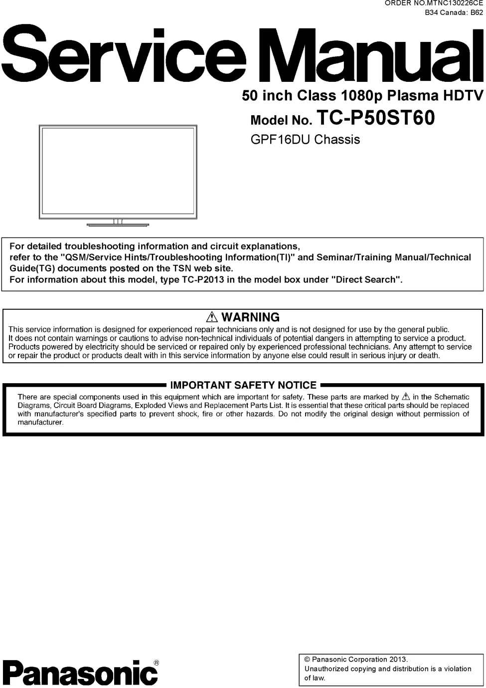 Panasonic tc p50st60 service manual cover with photo of the television, TV type, chassis code, model code, creation date and document number