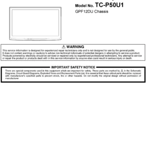 Panasonic tc p50u1 service manual cover with photo of the television, TV type, chassis code, model code, creation date and document number
