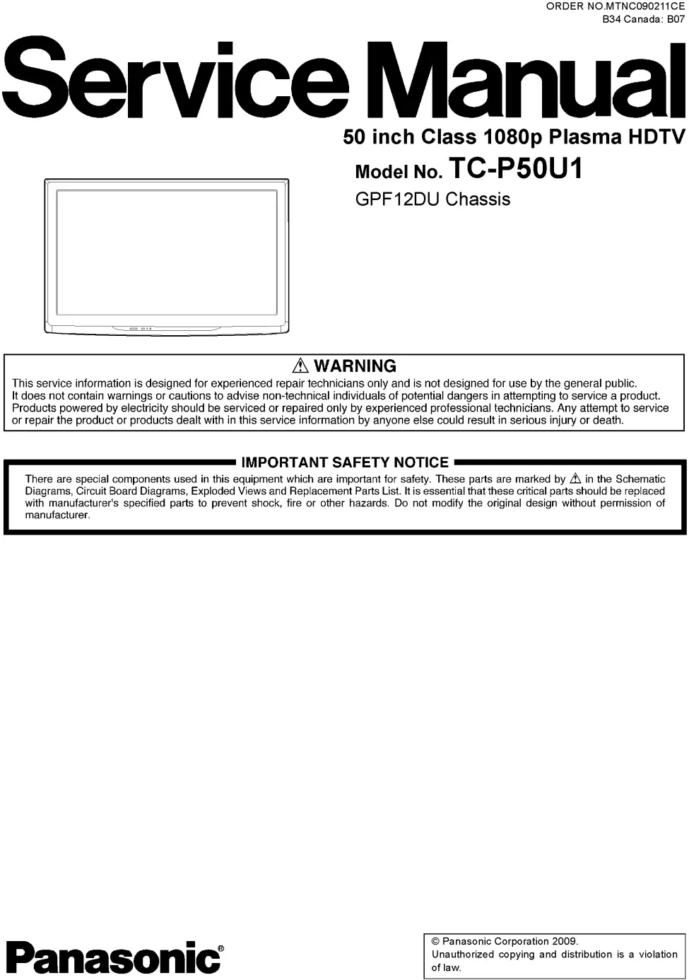 Panasonic tc p50u1 service manual cover with photo of the television, TV type, chassis code, model code, creation date and document number