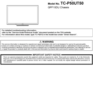 Panasonic tc p50ut50 service manual cover with photo of the television, TV type, chassis code, model code, creation date and document number