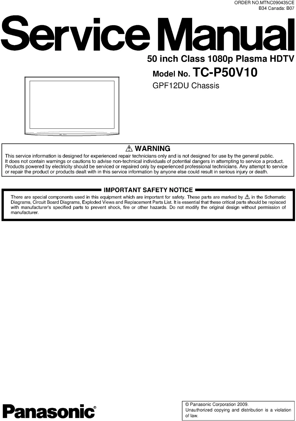 Panasonic tc p50v10 service manual cover with photo of the television, TV type, chassis code, model code, creation date and document number