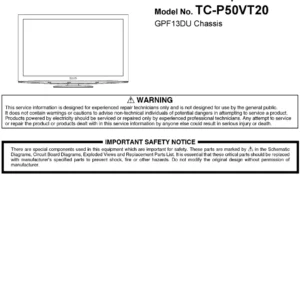 Panasonic tc p50vt20 service manual cover with photo of the television, TV type, chassis code, model code, creation date and document number