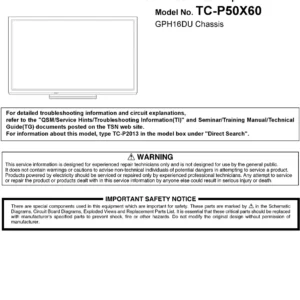 Panasonic tc p50x60 service manual cover with photo of the television, TV type, chassis code, model code, creation date and document number