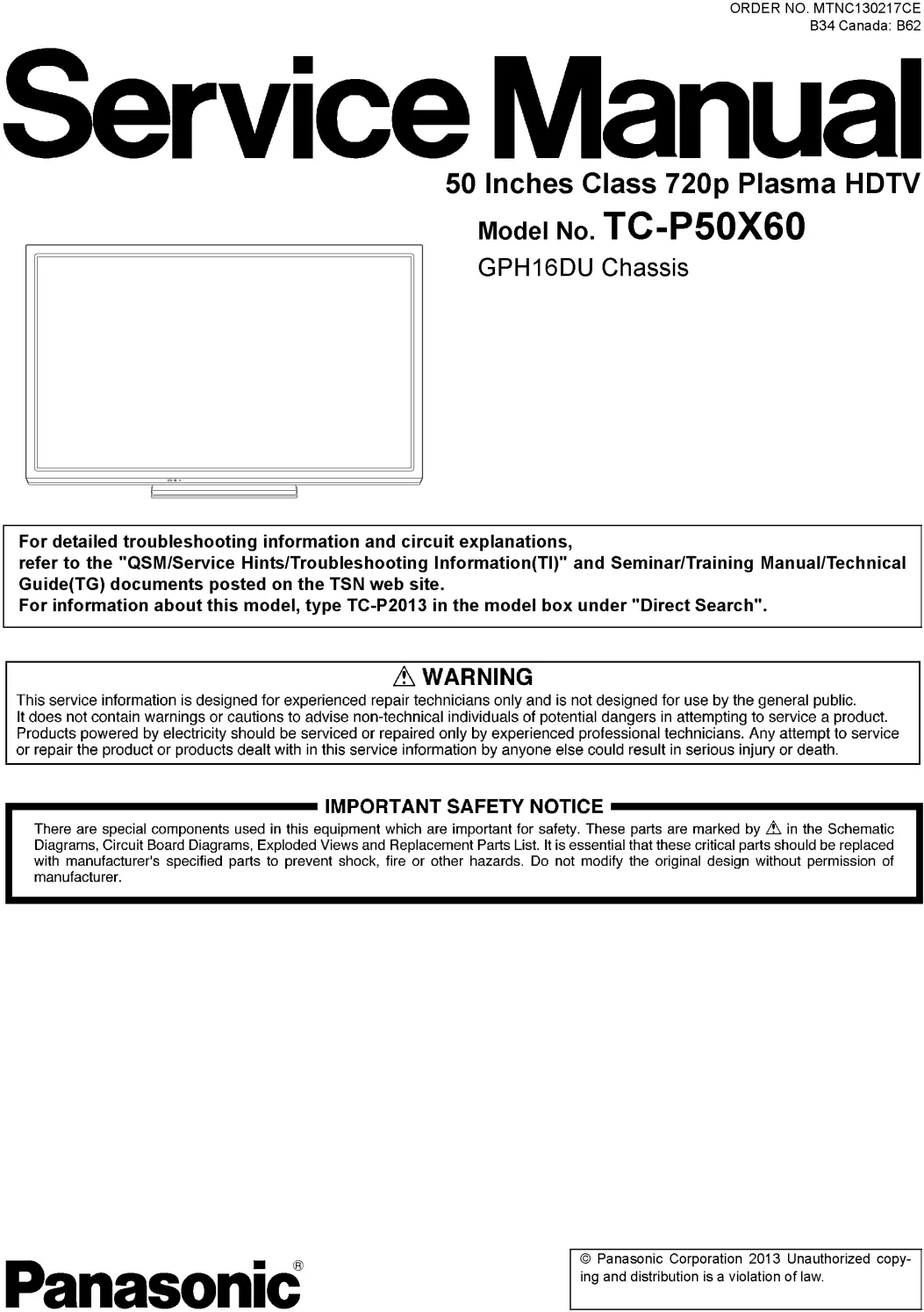 Panasonic tc p50x60 service manual cover with photo of the television, TV type, chassis code, model code, creation date and document number
