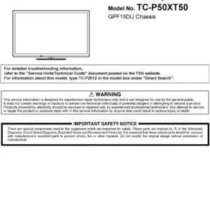 Panasonic tc p50xt50 service manual cover with photo of the television, TV type, chassis code, model code, creation date and document number
