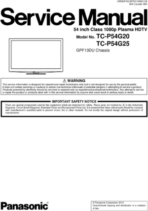 Panasonic tc p54g20 tc p54g25 service manual cover with photo of the television, TV type, chassis code, model code, creation date and document number