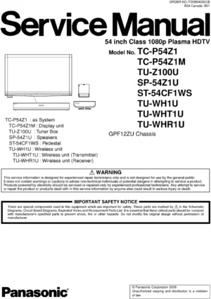 Panasonic tc p54z1 service manual cover with photo of the television, TV type, chassis code, model code, creation date and document number
