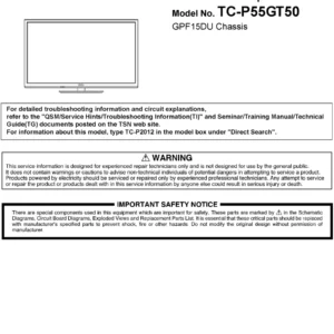Panasonic tc p55gt50 service manual cover with photo of the television, TV type, chassis code, model code, creation date and document number