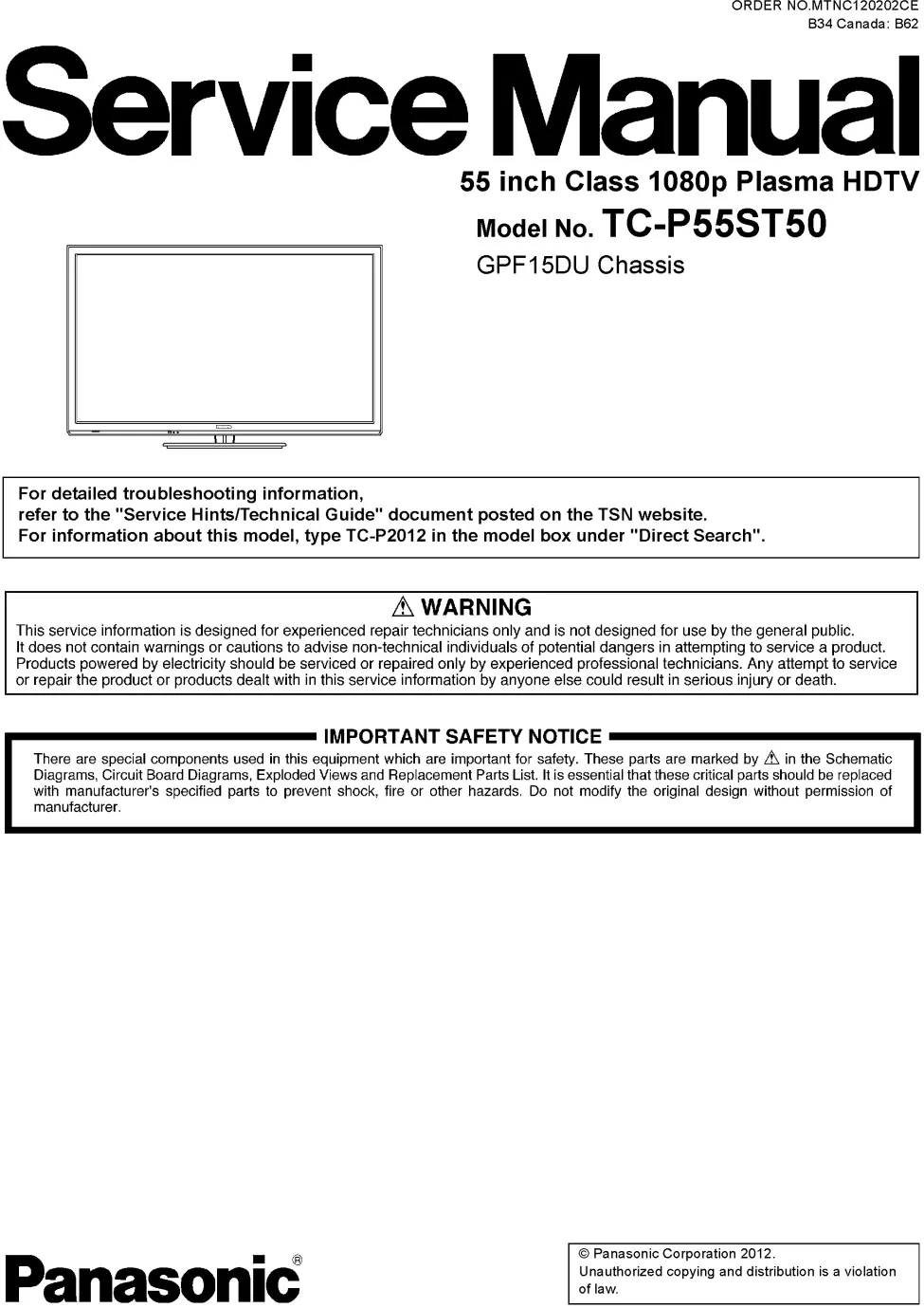 Panasonic tc p55st50 service manual cover with photo of the television, TV type, chassis code, model code, creation date and document number