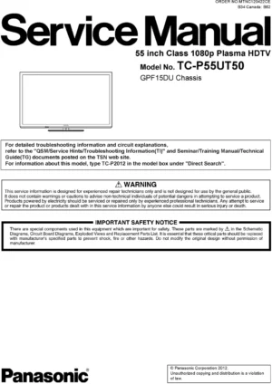 Panasonic tc p55ut50 service manual cover with photo of the television, TV type, chassis code, model code, creation date and document number