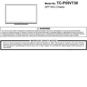 Panasonic tc p55vt30 service manual cover with photo of the television, TV type, chassis code, model code, creation date and document number