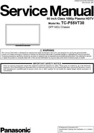 Panasonic tc p55vt30 service manual cover with photo of the television, TV type, chassis code, model code, creation date and document number
