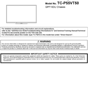 Panasonic tc p55vt50 service manual cover with photo of the television, TV type, chassis code, model code, creation date and document number