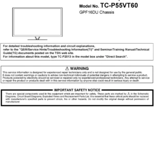 Panasonic tc p55vt60 service manual cover with photo of the television, TV type, chassis code, model code, creation date and document number