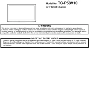 Panasonic tc p58v10 service manual cover with photo of the television, TV type, chassis code, model code, creation date and document number