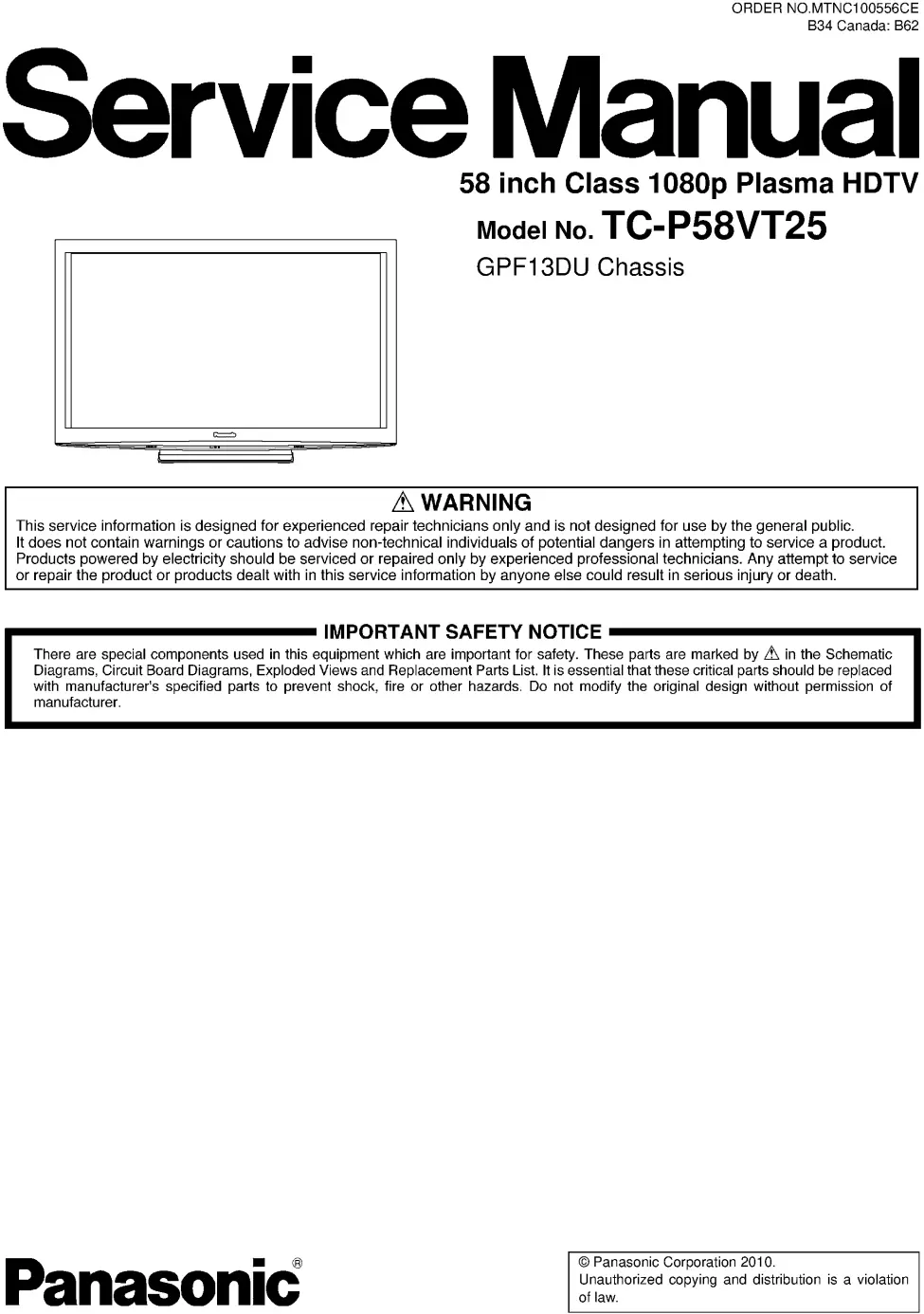 Panasonic tc p58vt25 service manual cover with photo of the television, TV type, chassis code, model code, creation date and document number