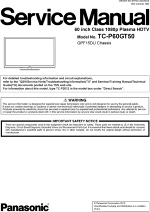 Panasonic tc p60gt50 service manual cover with photo of the television, TV type, chassis code, model code, creation date and document number