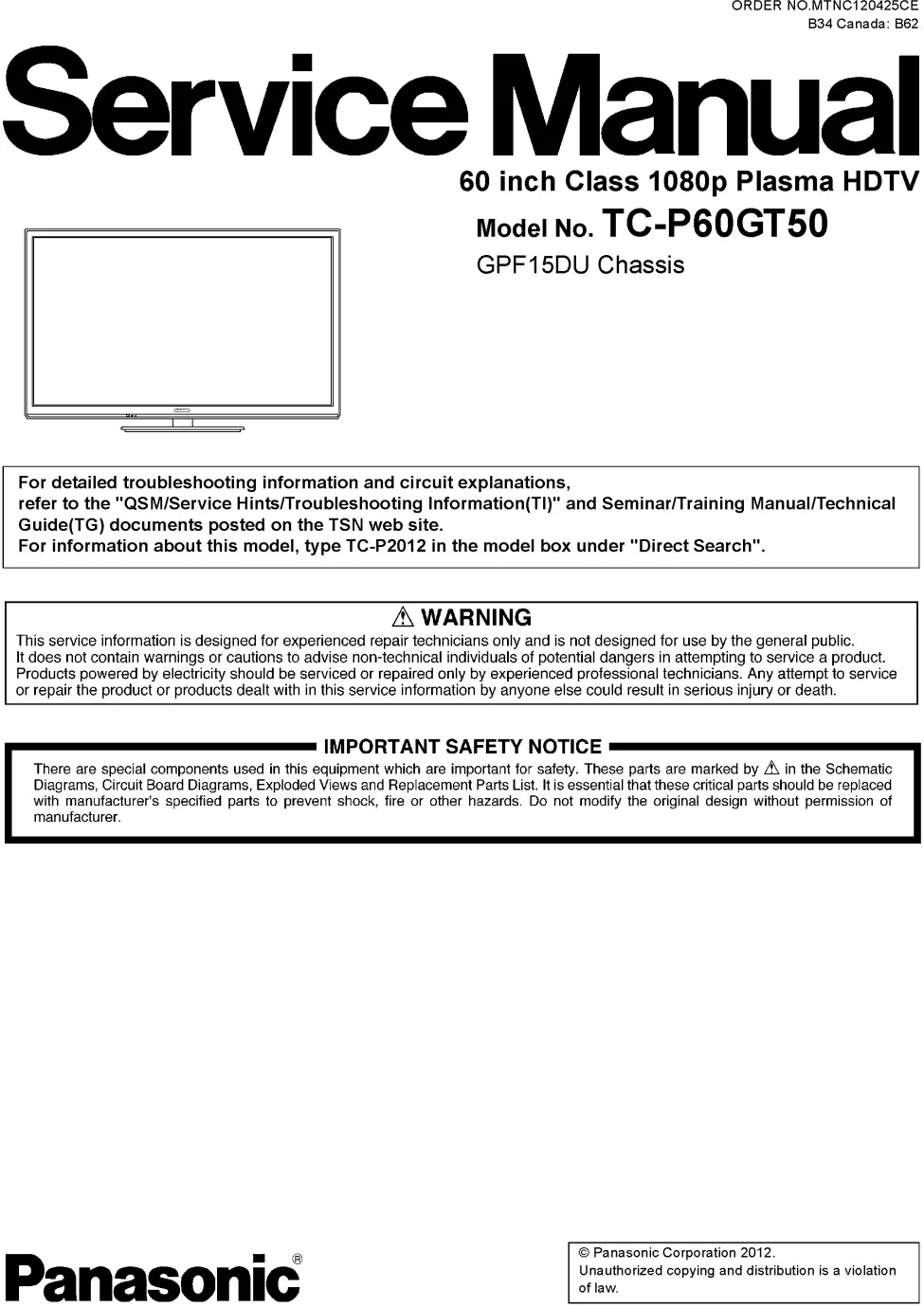 Panasonic tc p60gt50 service manual cover with photo of the television, TV type, chassis code, model code, creation date and document number