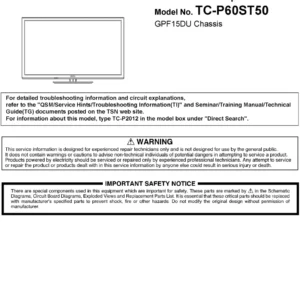 Panasonic tc p60st50 service manual cover with photo of the television, TV type, chassis code, model code, creation date and document number