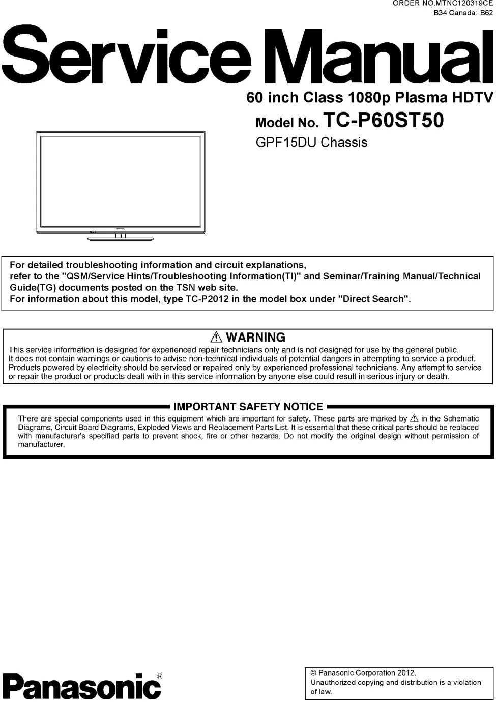 Panasonic tc p60st50 service manual cover with photo of the television, TV type, chassis code, model code, creation date and document number