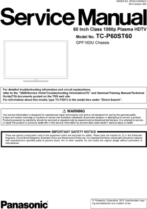 Panasonic tc p60st60 service manual cover with photo of the television, TV type, chassis code, model code, creation date and document number