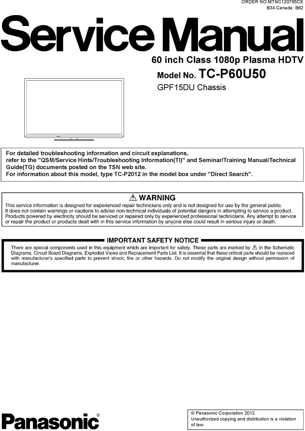 Panasonic tc p60u50 service manual cover with photo of the television, TV type, chassis code, model code, creation date and document number