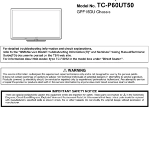 Panasonic tc p60ut50 service manual cover with photo of the television, TV type, chassis code, model code, creation date and document number
