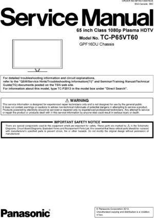 Panasonic tc p65vt60 service manual cover with photo of the television, TV type, chassis code, model code, creation date and document number