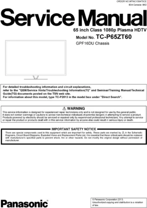 Panasonic tc p65zt60 service manual cover with photo of the television, TV type, chassis code, model code, creation date and document number