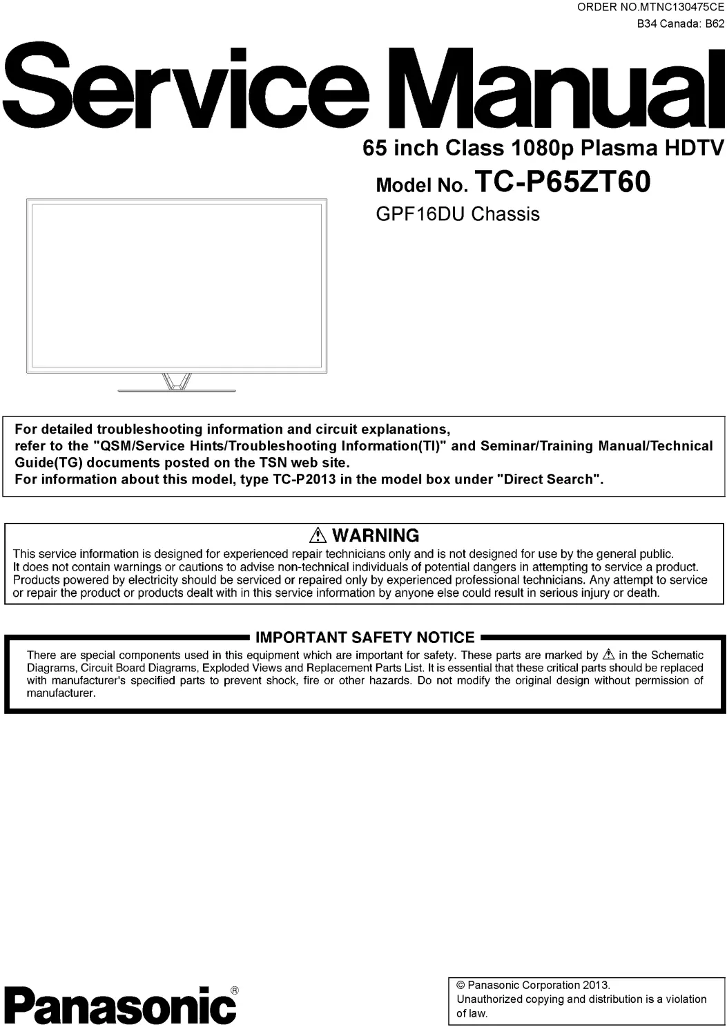 Panasonic tc p65zt60 service manual cover with photo of the television, TV type, chassis code, model code, creation date and document number