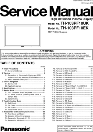 Panasonic th 103pf10ek 103pf10uk service manual cover with photo of the television, TV type, chassis code, model code, creation date and document number