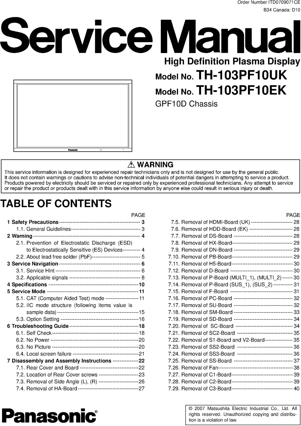 Panasonic th 103pf10ek 103pf10uk service manual cover with photo of the television, TV type, chassis code, model code, creation date and document number