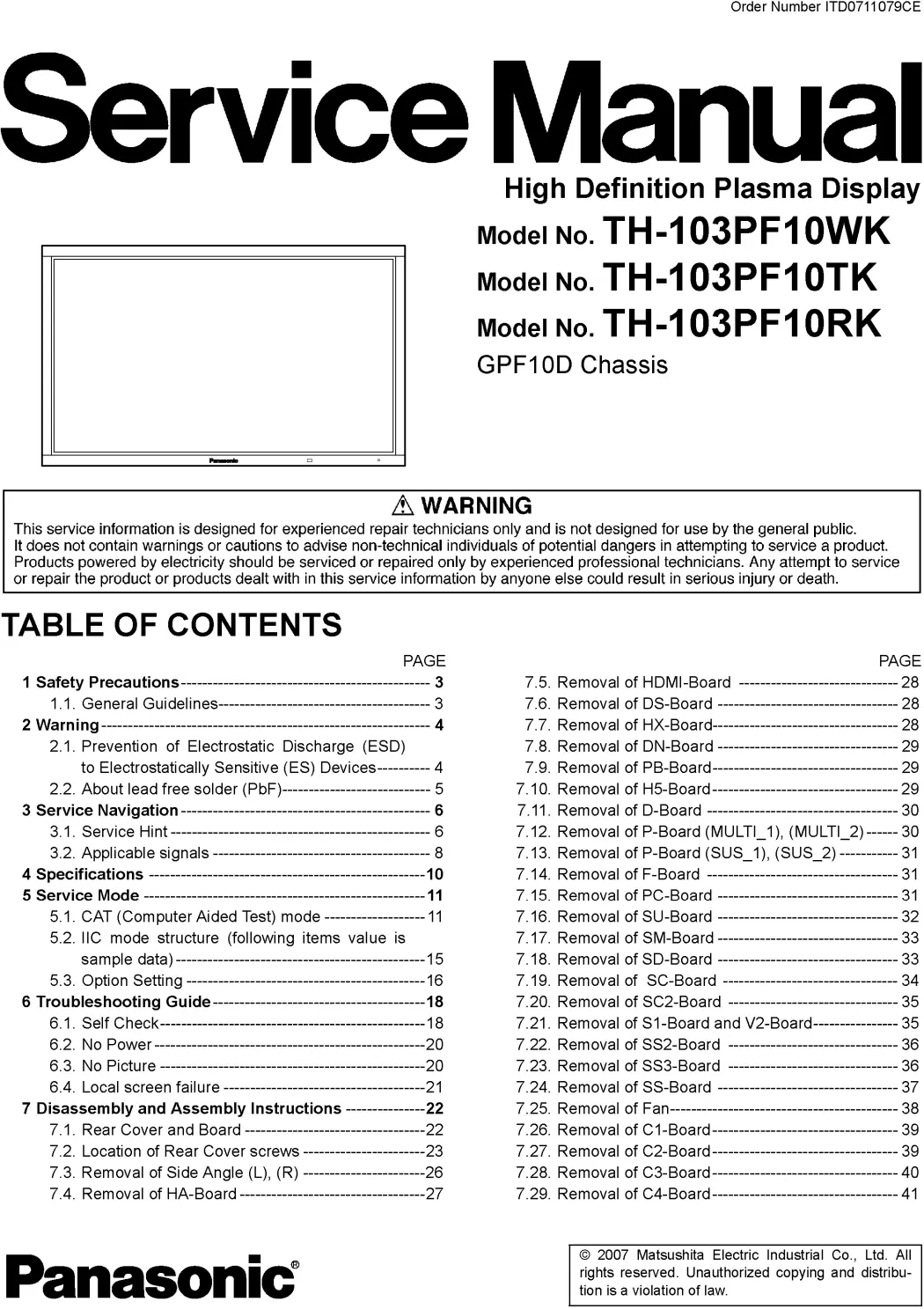 Panasonic th 103pf10wk 103pf10tk 103pf10rk service manual cover with photo of the television, TV type, chassis code, model code, creation date and document number