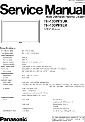 Panasonic th 103pf9uk 103pf9ek service manual cover with photo of the television, TV type, chassis code, model code, creation date and document number