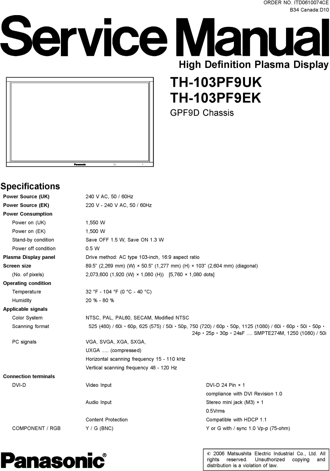 Panasonic th 103pf9uk 103pf9ek service manual cover with photo of the television, TV type, chassis code, model code, creation date and document number