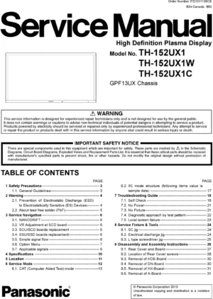 Panasonic th 152ux1 152ux1w 152ux1c service manual cover with photo of the television, TV type, chassis code, model code, creation date and document number