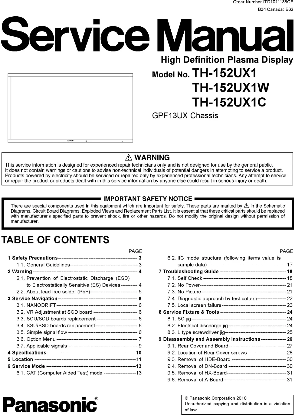 Panasonic th 152ux1 152ux1w 152ux1c service manual cover with photo of the television, TV type, chassis code, model code, creation date and document number
