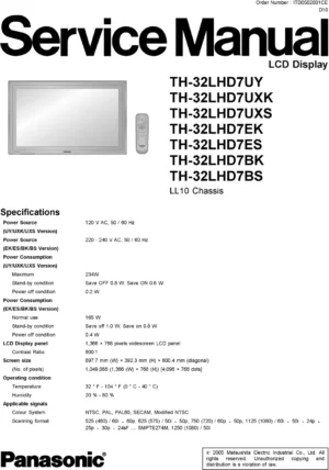 Panasonic th 32lhd7 service manual cover with photo of the television, TV type, chassis code, model code, creation date and document number