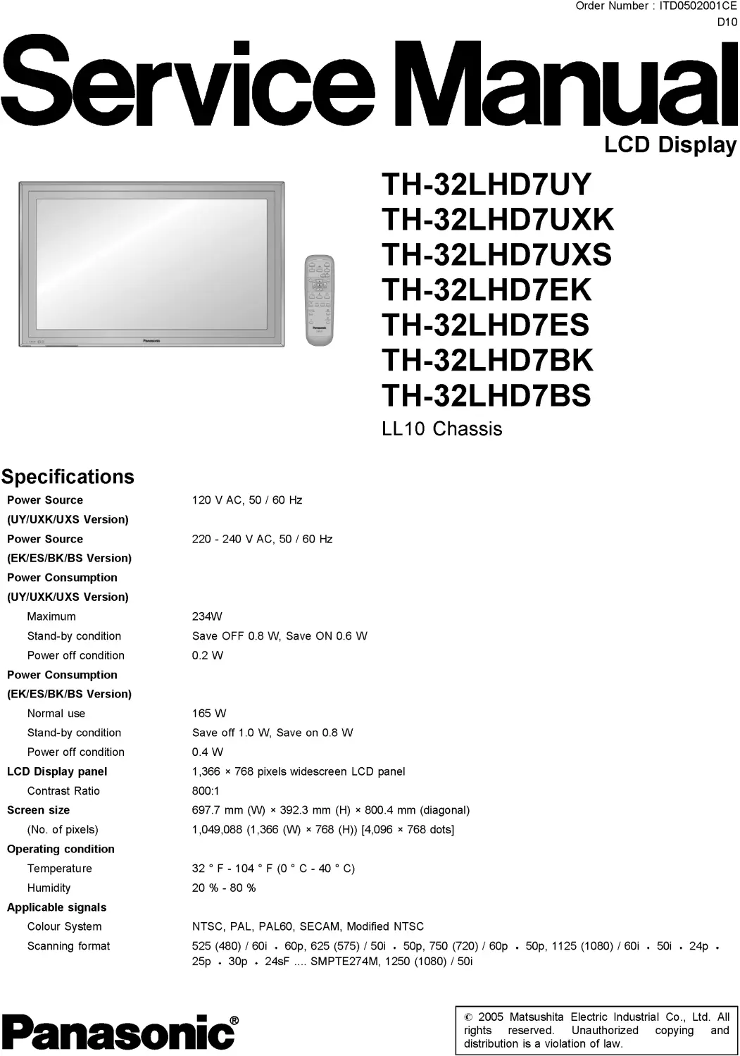 Panasonic th 32lhd7 service manual cover with photo of the television, TV type, chassis code, model code, creation date and document number