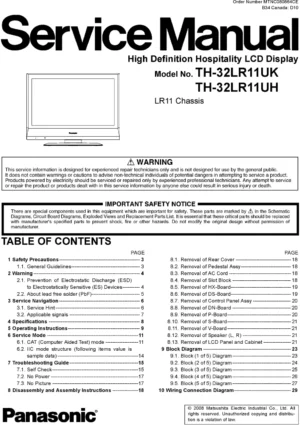 Panasonic th 32lr11uk service manual cover with photo of the television, TV type, chassis code, model code, creation date and document number