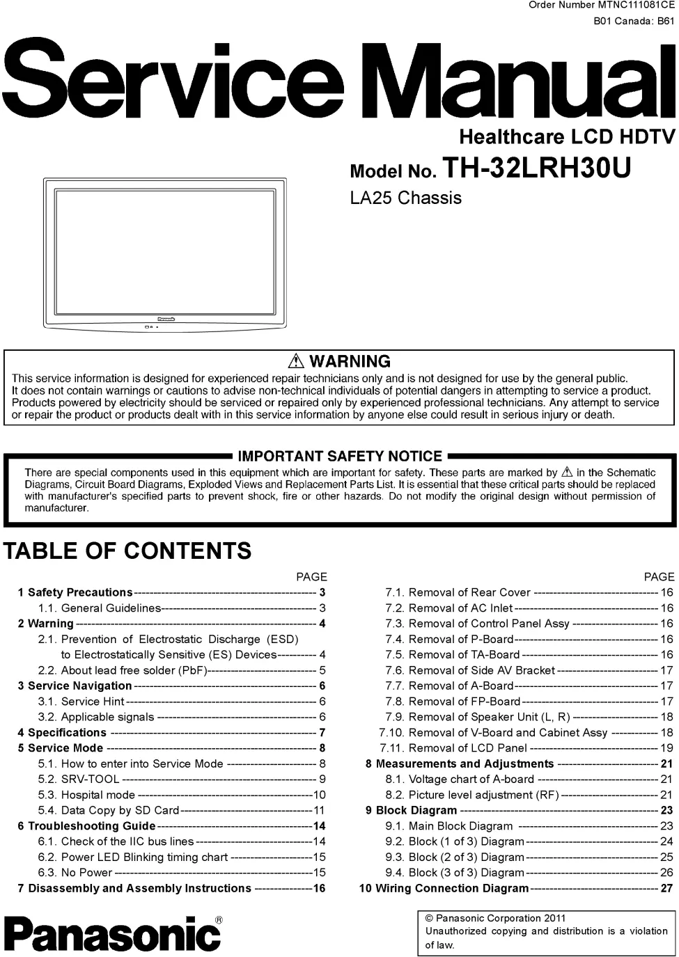 Panasonic th 32lrh30u service manual cover with photo of the television, TV type, chassis code, model code, creation date and document number