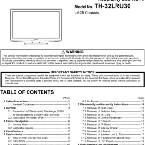 Panasonic th 32lru30 service manual cover with photo of the television, TV type, chassis code, model code, creation date and document number