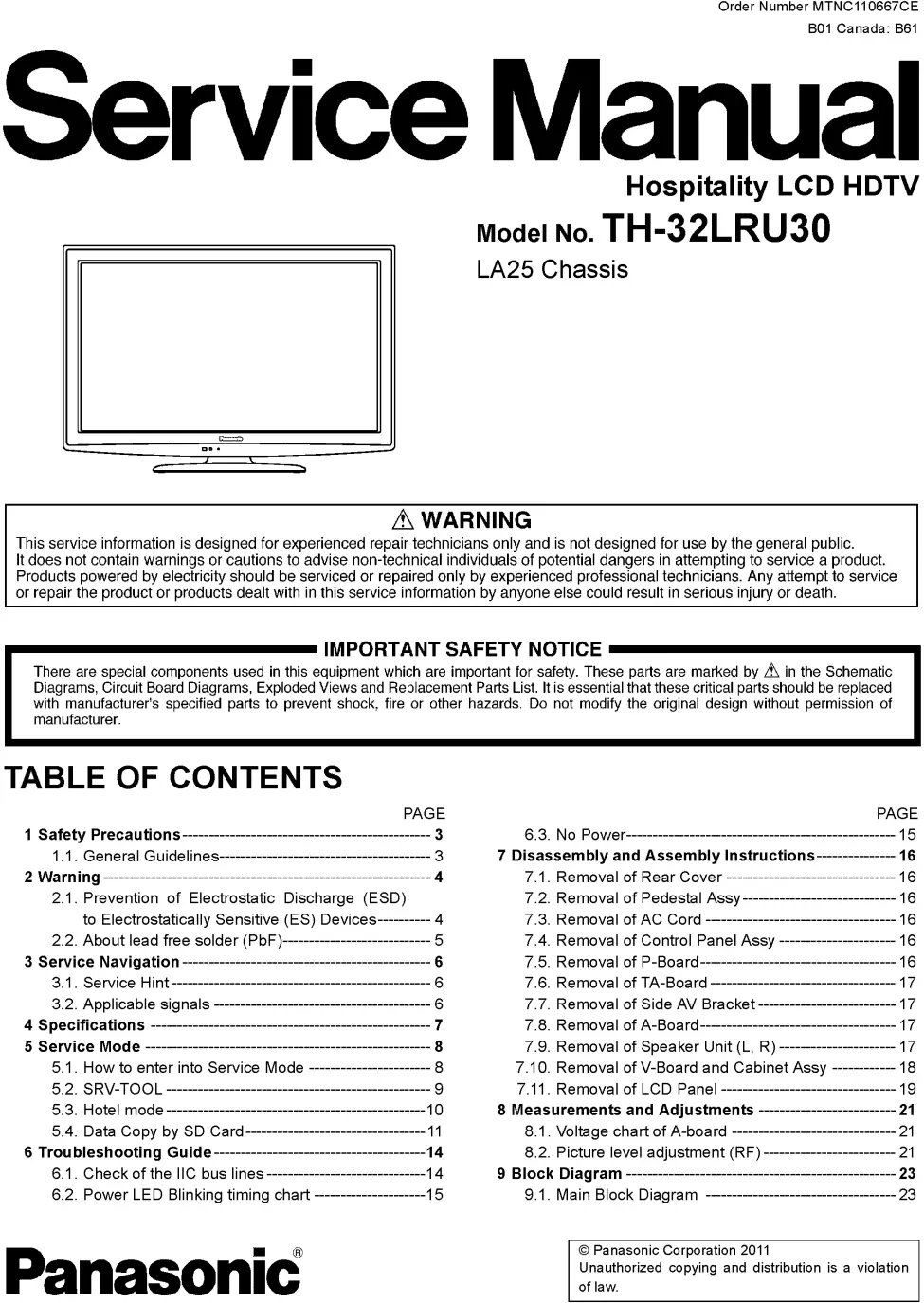Panasonic th 32lru30 service manual cover with photo of the television, TV type, chassis code, model code, creation date and document number