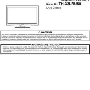 Panasonic th 32lru50 service manual cover with photo of the television, TV type, chassis code, model code, creation date and document number
