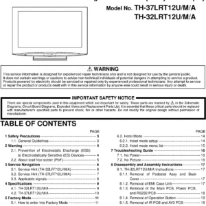 Panasonic th 37lrt12 service manual cover with photo of the television, TV type, chassis code, model code, creation date and document number