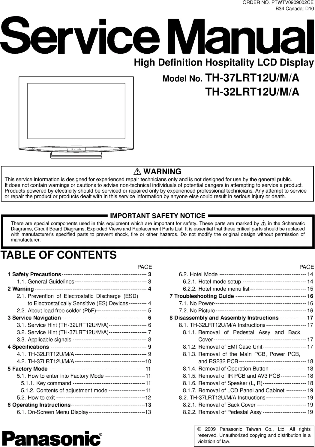 Panasonic th 37lrt12 service manual cover with photo of the television, TV type, chassis code, model code, creation date and document number